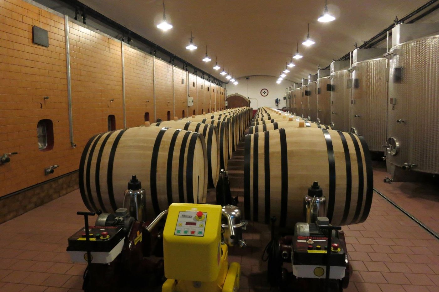 A cellar with concrete tanks built into the left-hand wall, a row of oak barrels down the centre, and stainless steel tanks along the right